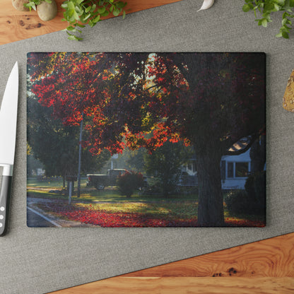 U R There Photography Red Crimson Leaves of Lum Rustic Farmhouse Tempered-Glass Cutting Board