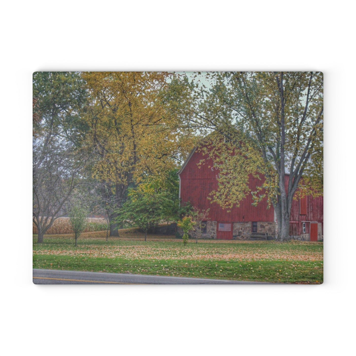 U R There Photography Mayville Lapeer Road Red in the Fall Rustic Farmhouse Tempered-Glass Cutting Board