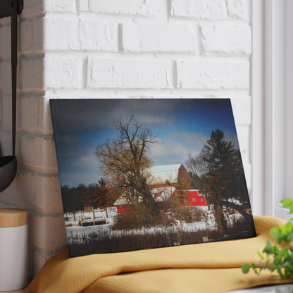 U R There Photography Hadley Road Hidden Winter Red Rustic Farmhouse Tempered-Glass Cutting Board