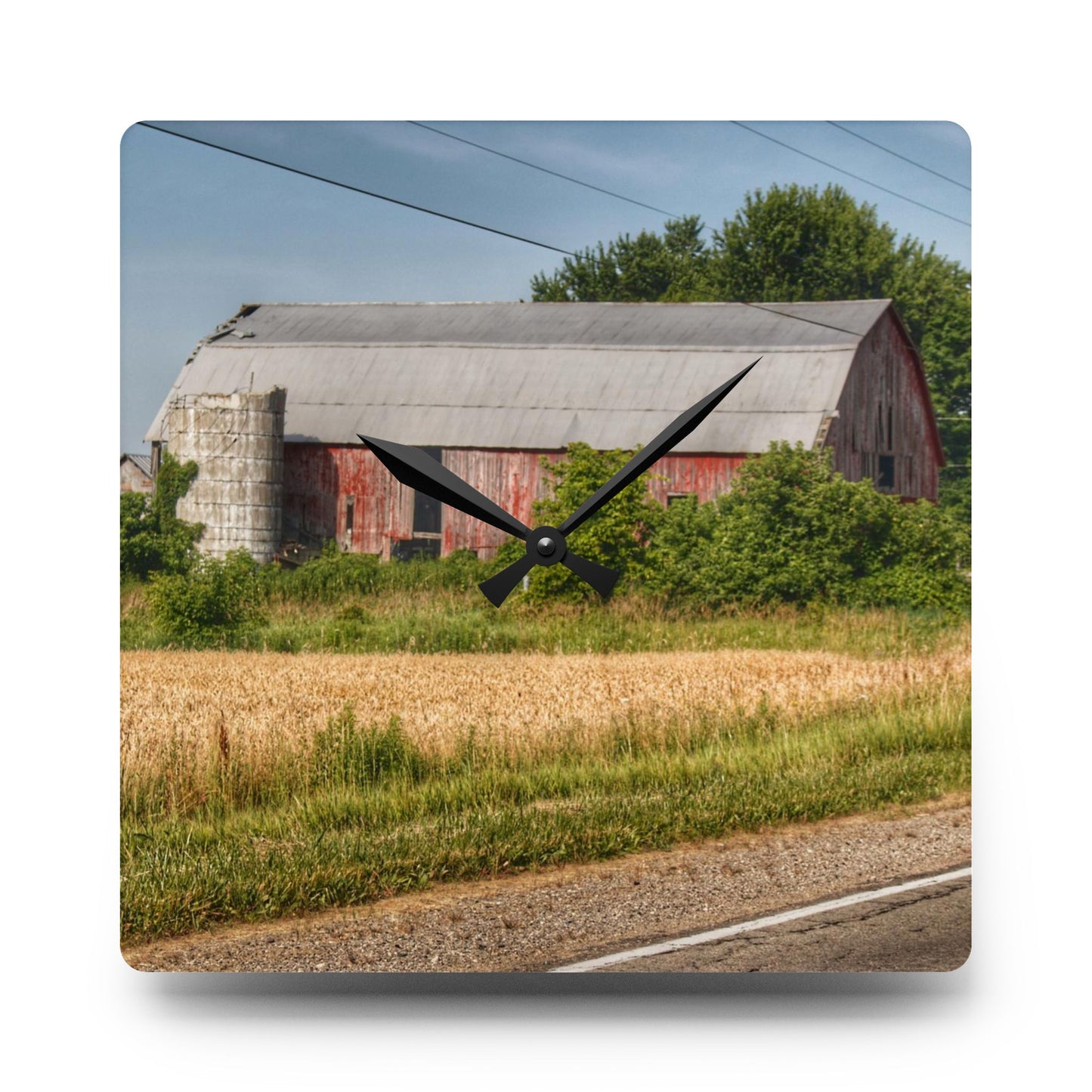 U R There Photography Dodge Road Old Red Rustic Farmhouse Acrylic Analog Wall Clock