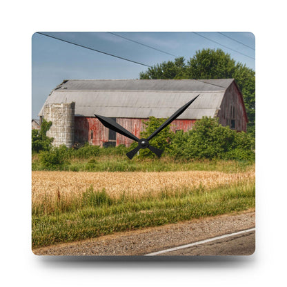 U R There Photography Dodge Road Old Red Rustic Farmhouse Acrylic Analog Wall Clock