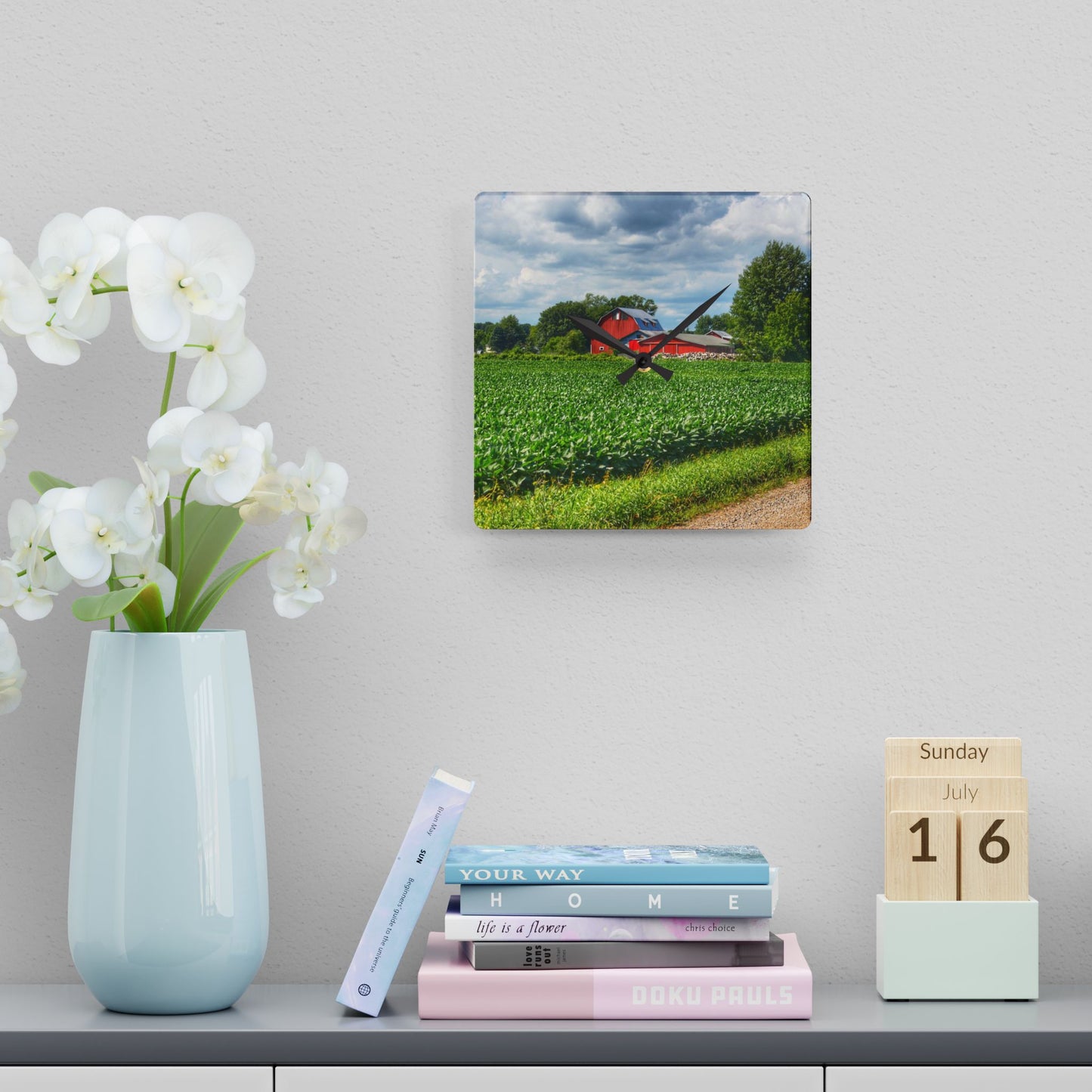 U R There Photography Block Road Reds Rustic Farmhouse Acrylic Analog Wall Clock