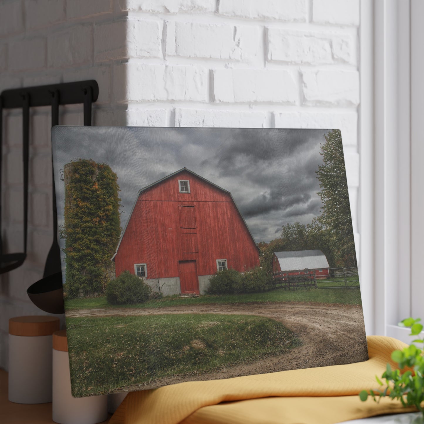 U R There Photography Horton Road Red and Silo Rustic Farmhouse Tempered-Glass Cutting Board