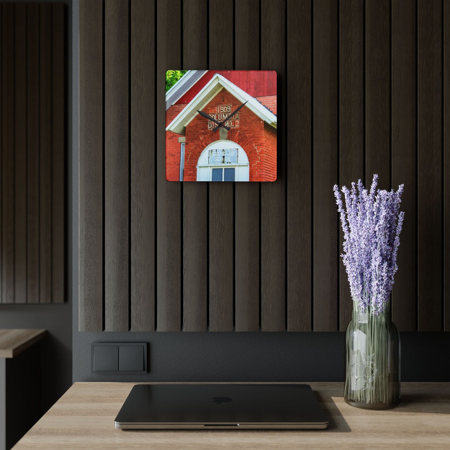 U R There Photography French Road Old Standard Schoolhouse II Rustic Farmhouse Acrylic Analog Wall Clock 10.75'' × 10.75'' (Square)