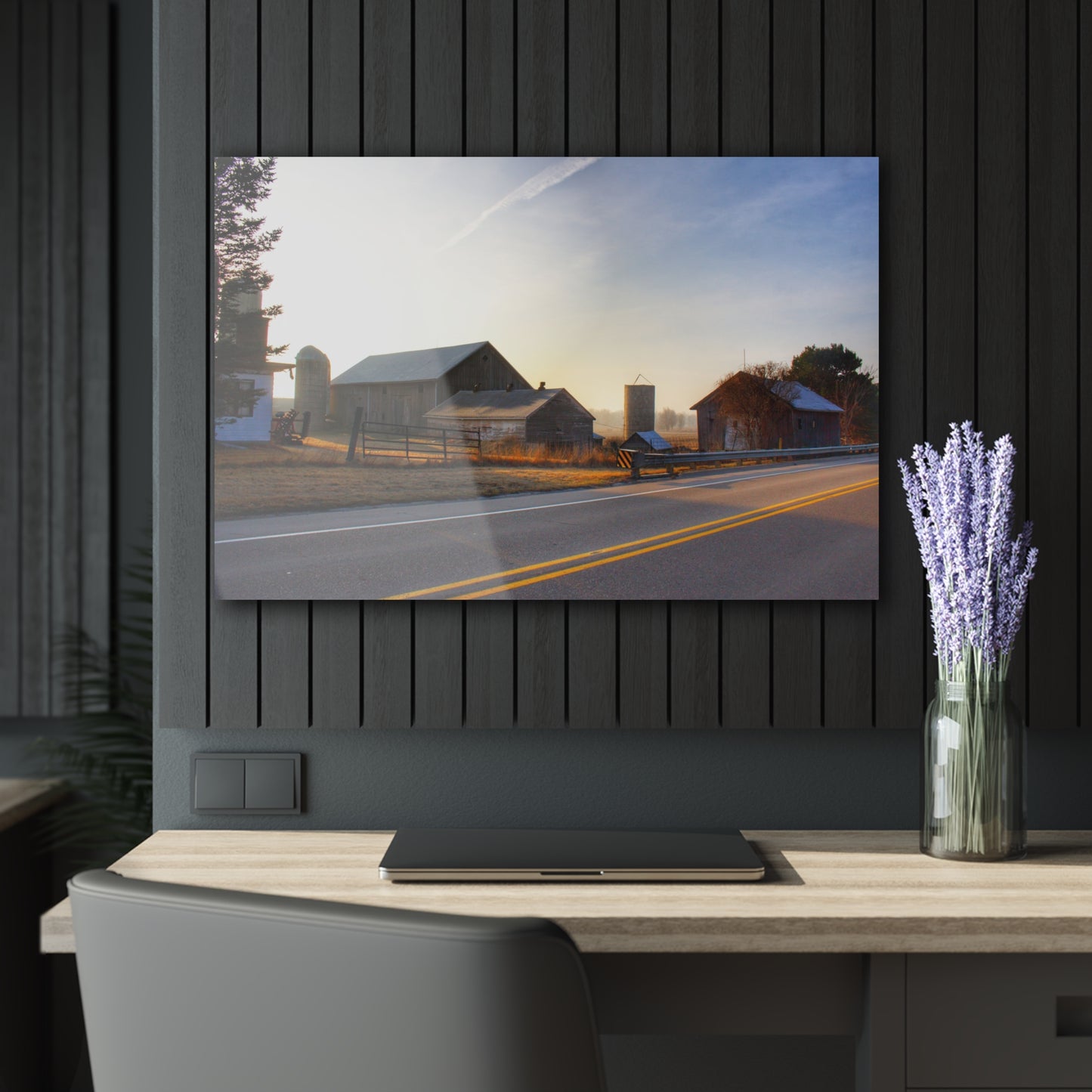 U R There Photography Wilder Road Foggy Morning Greys Rustic Farmhouse Acrylic Wall Print