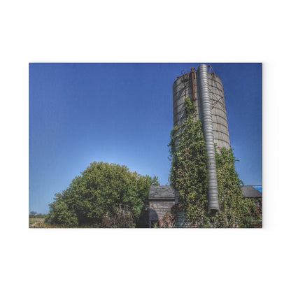 U R There Photography Bordman Road Old Grey and Silo I Rustic Farmhouse Tempered-Glass Cutting Board