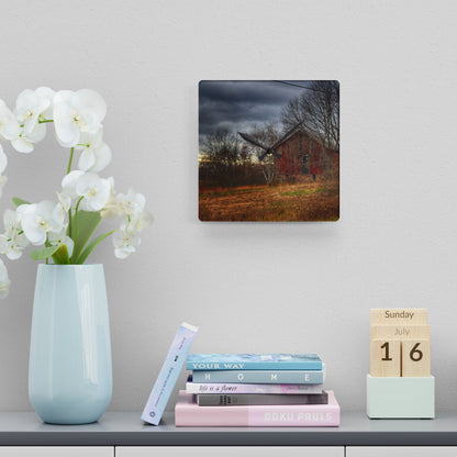 U R There Photography December Fieldstone Red Rustic Farmhouse Acrylic Analog Wall Clock