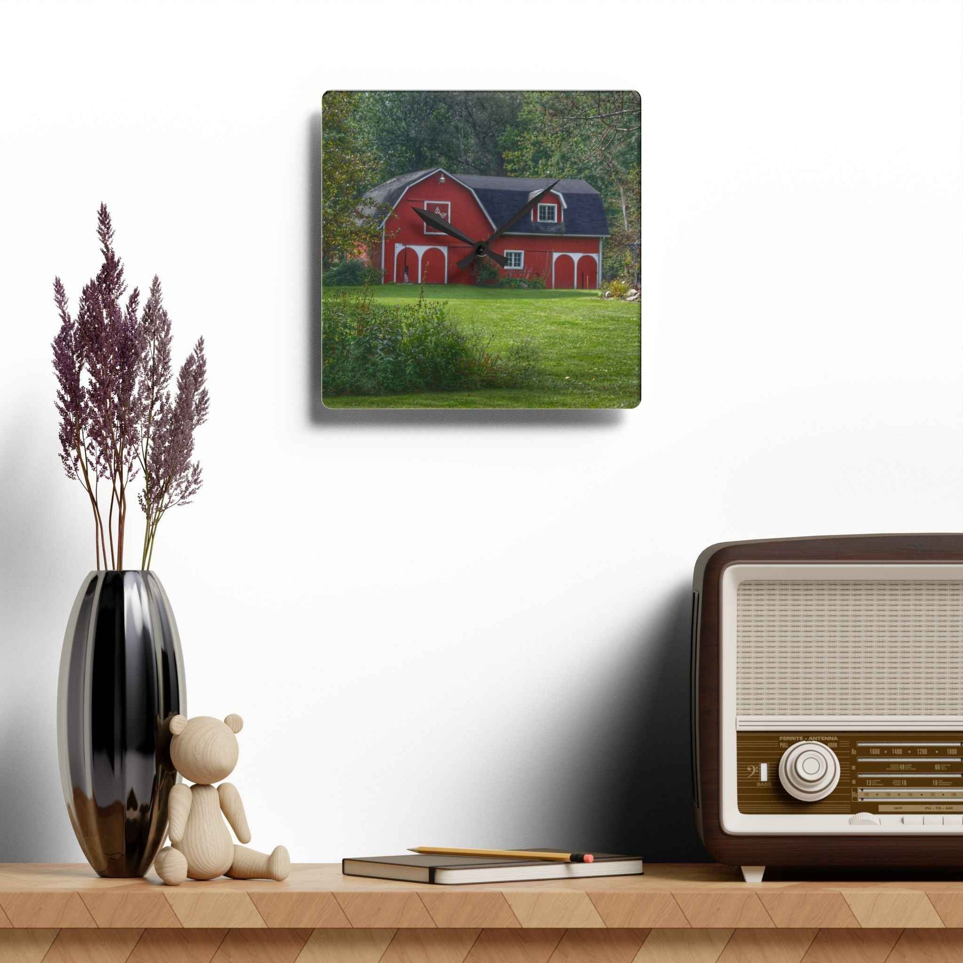 U R There Photography Charming Red Rustic Farmhouse Acrylic Analog Wall Clock