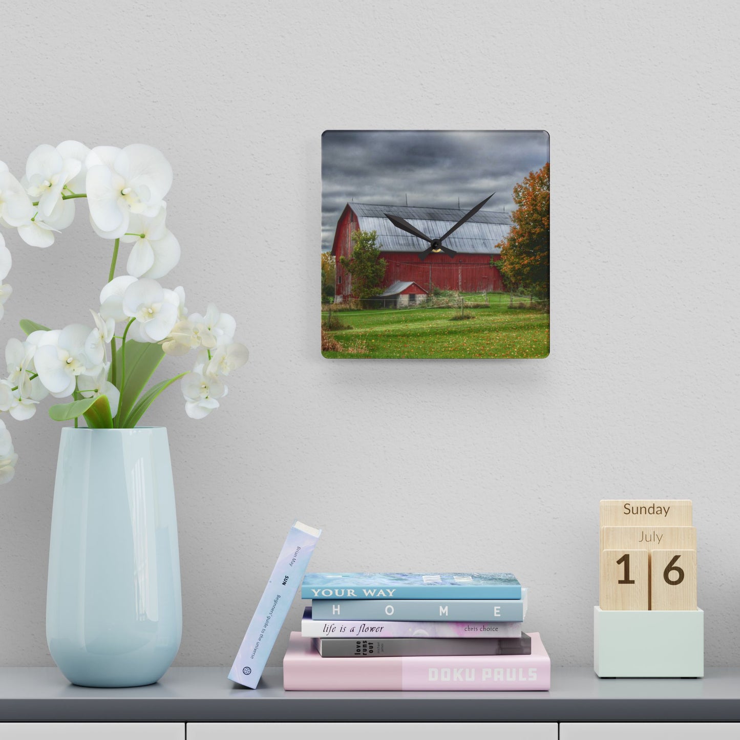 U R There Photography Columbiaville Red in Fall II Rustic Farmhouse Acrylic Analog Wall Clock