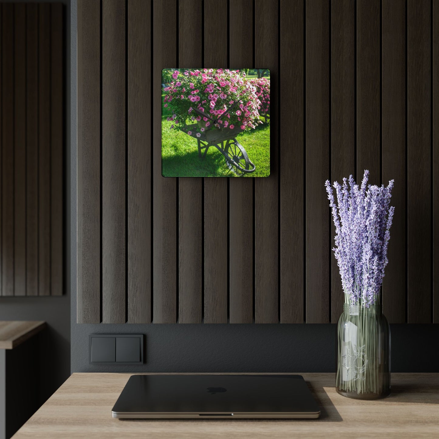 U R There Photography Wheelbarrow Full of Flowers Rustic Farmhouse Acrylic Analog Wall Clock