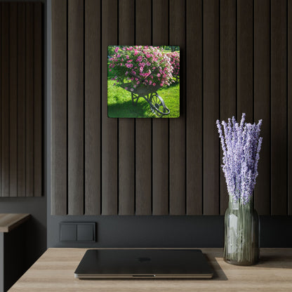 U R There Photography Wheelbarrow Full of Flowers Rustic Farmhouse Acrylic Analog Wall Clock