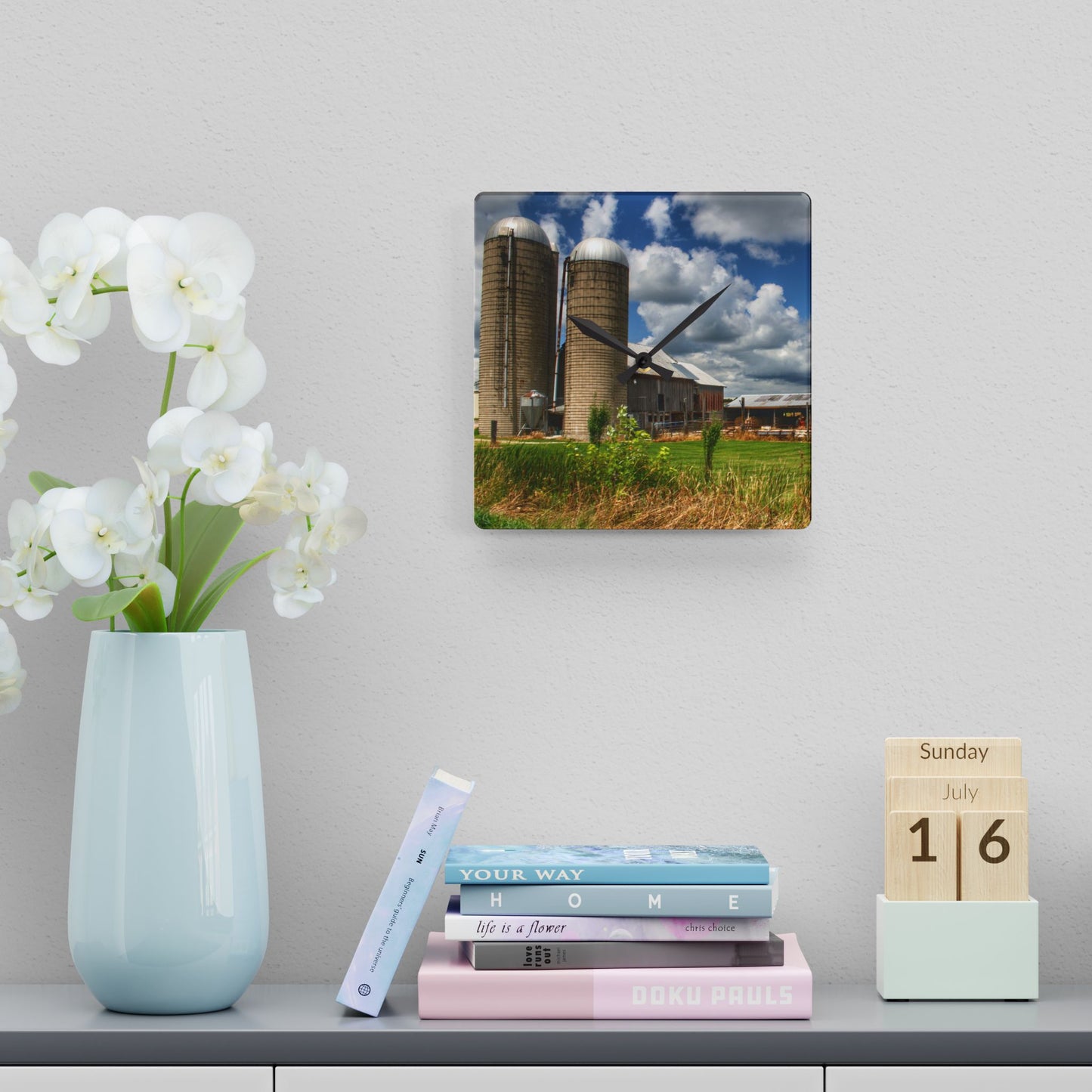 U R There Photography Millington Grey and Silos Rustic Farmhouse Acrylic Analog Wall Clock