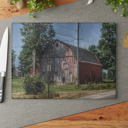 U R There Photography Roods Lake Road Red II Rustic Farmhouse Tempered-Glass Cutting Board