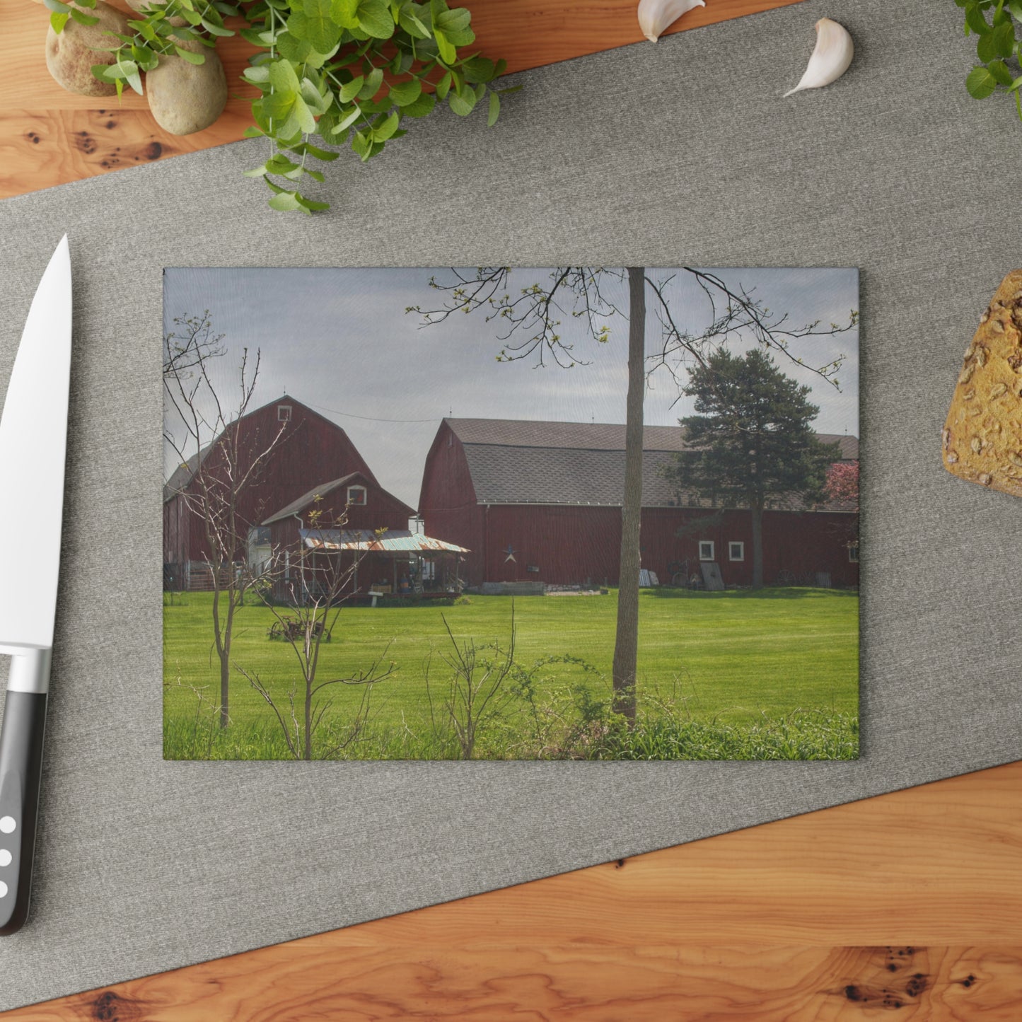 U R There Photography Bishop Road Reds I Rustic Farmhouse Tempered-Glass Cutting Board 8"x 11"