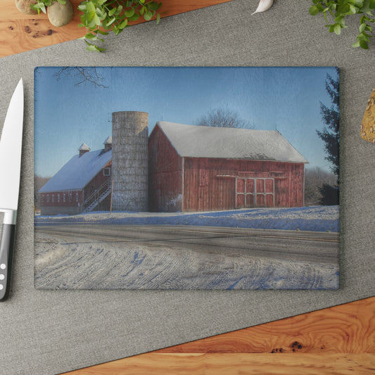 U R There Photography Metamora Red in Winter Rustic Farmhouse Tempered-Glass Cutting Board