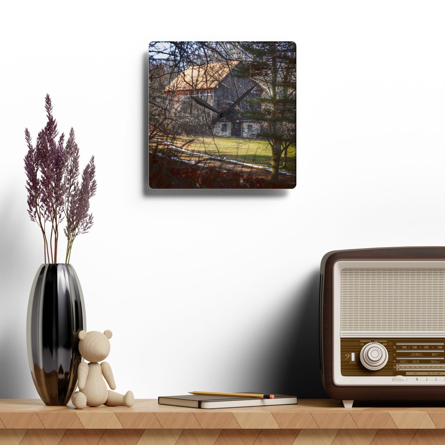 U R There Photography Newark Road Hidden Fieldstone Grey Rustic Farmhouse Acrylic Analog Wall Clock