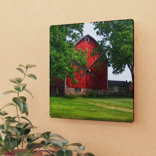U R There Photography Summer Fieldstone Red Rustic Farmhouse Acrylic Analog Wall Clock