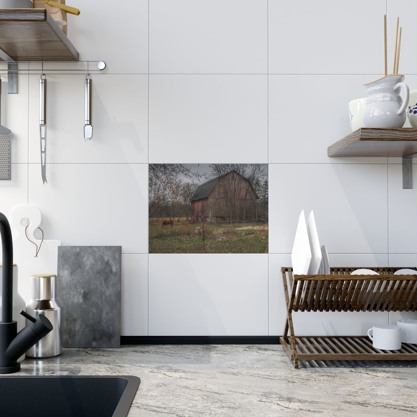 U R There Photography Blair Road Barn and Horse Rustic Farmhouse Decorative Ceramic Tile