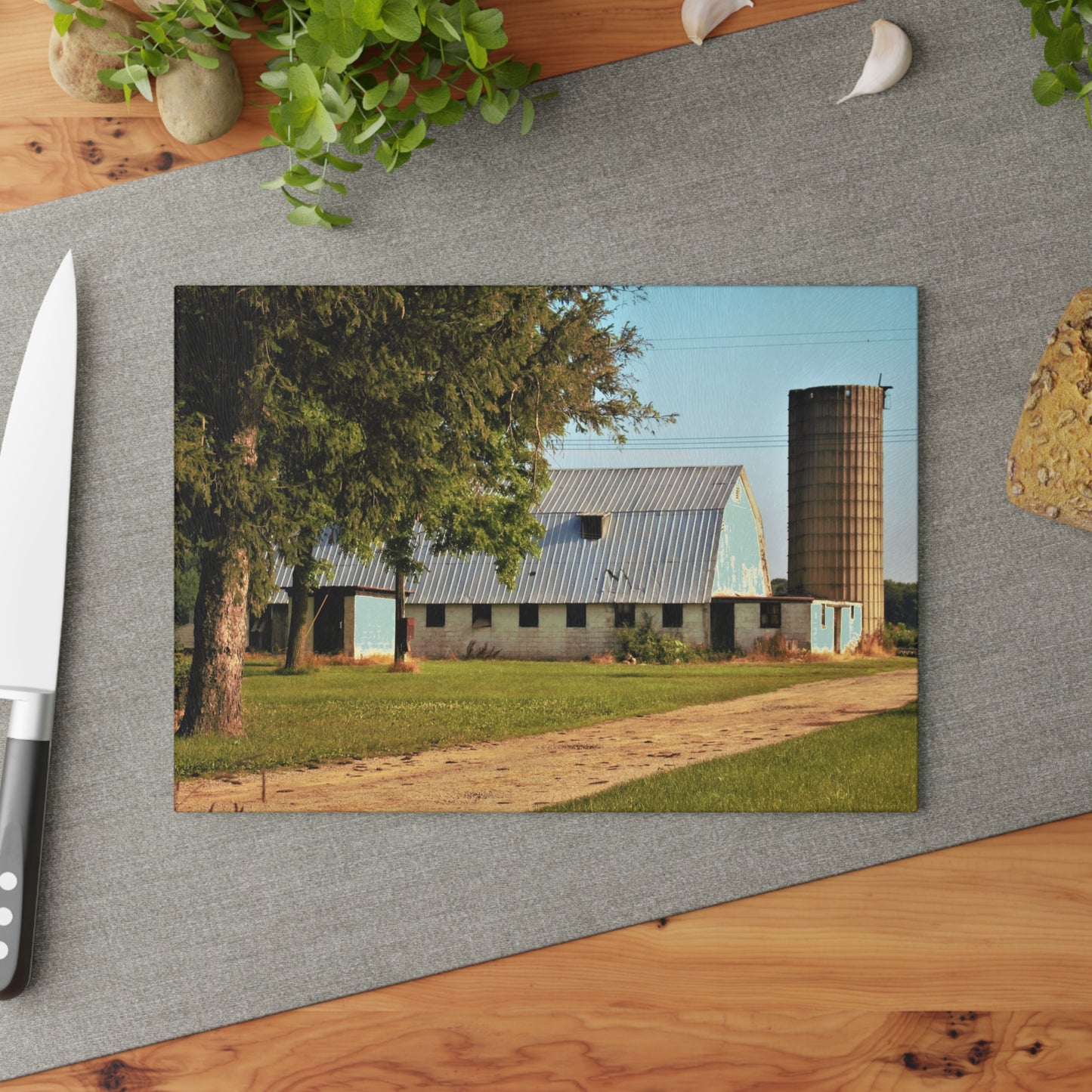 U R There Photography White Barn and Silo Rustic Farmhouse Tempered-Glass Cutting Board