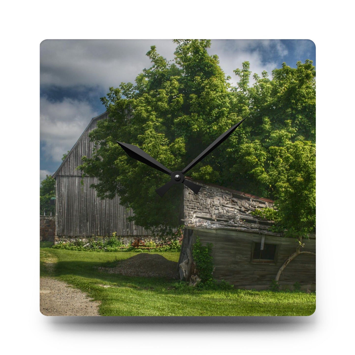 U R There Photography Brown City Road Barn and Buddy I Rustic Farmhouse Acrylic Analog Wall Clock