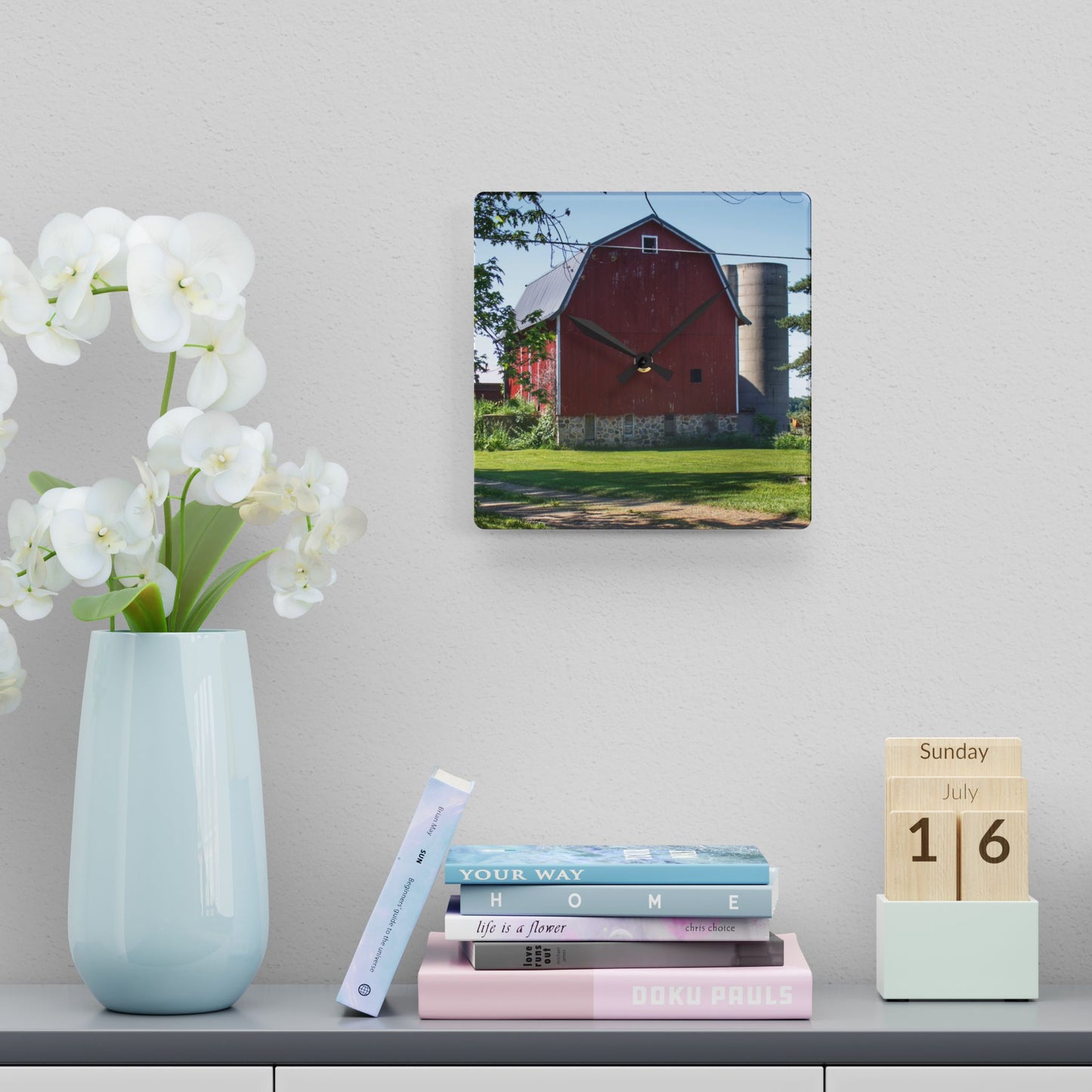 U R There Photography Mayville Road Red Rustic Farmhouse Acrylic Analog Wall Clock