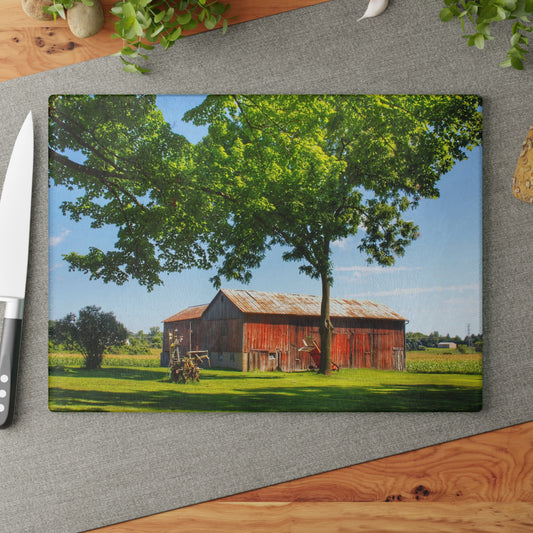 U R There Photography Hunters Creek Little Red Cow Barn Rustic Farmhouse Tempered-Glass Cutting Board
