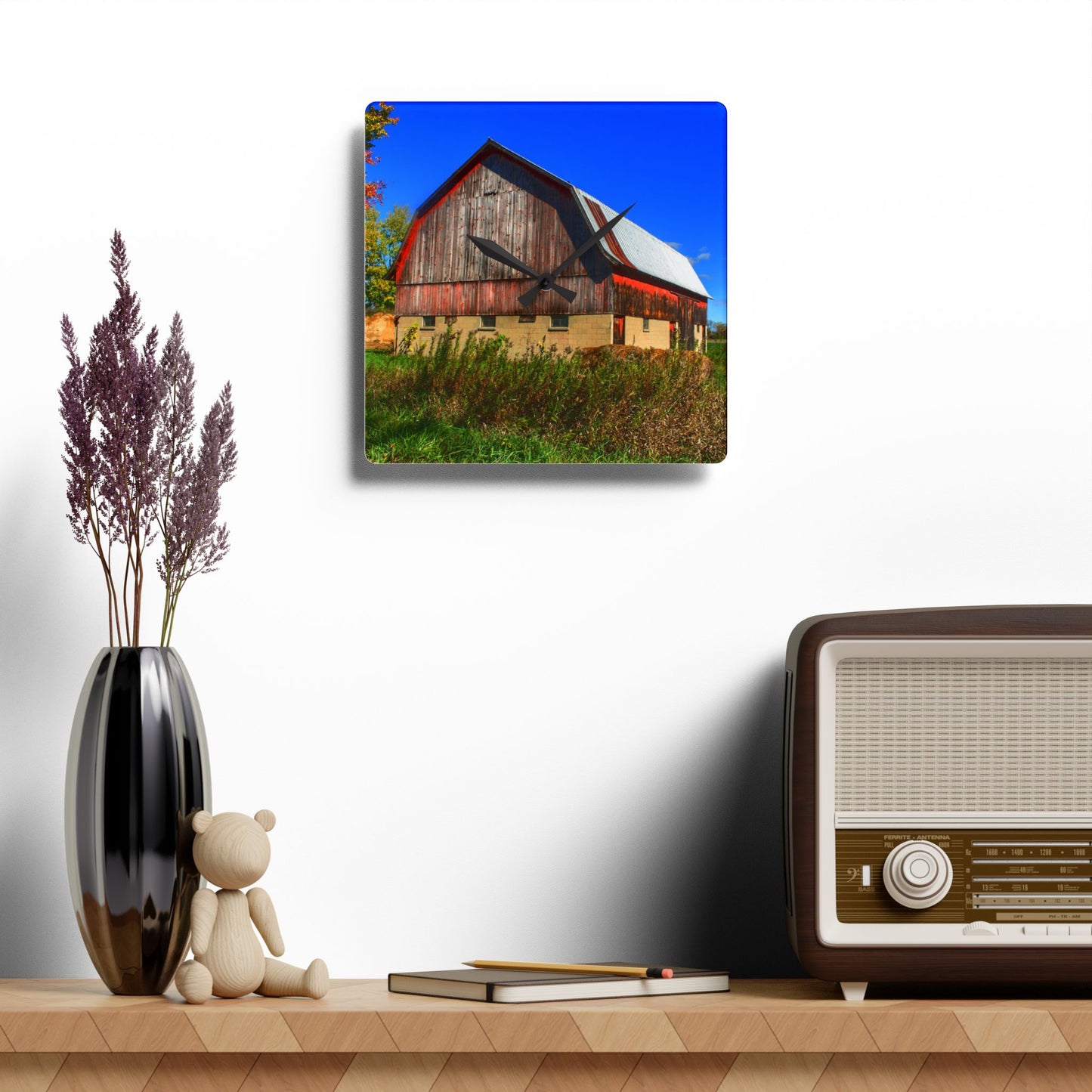 U R There Photography Byington Road Red II Rustic Farmhouse Acrylic Analog Wall Clock