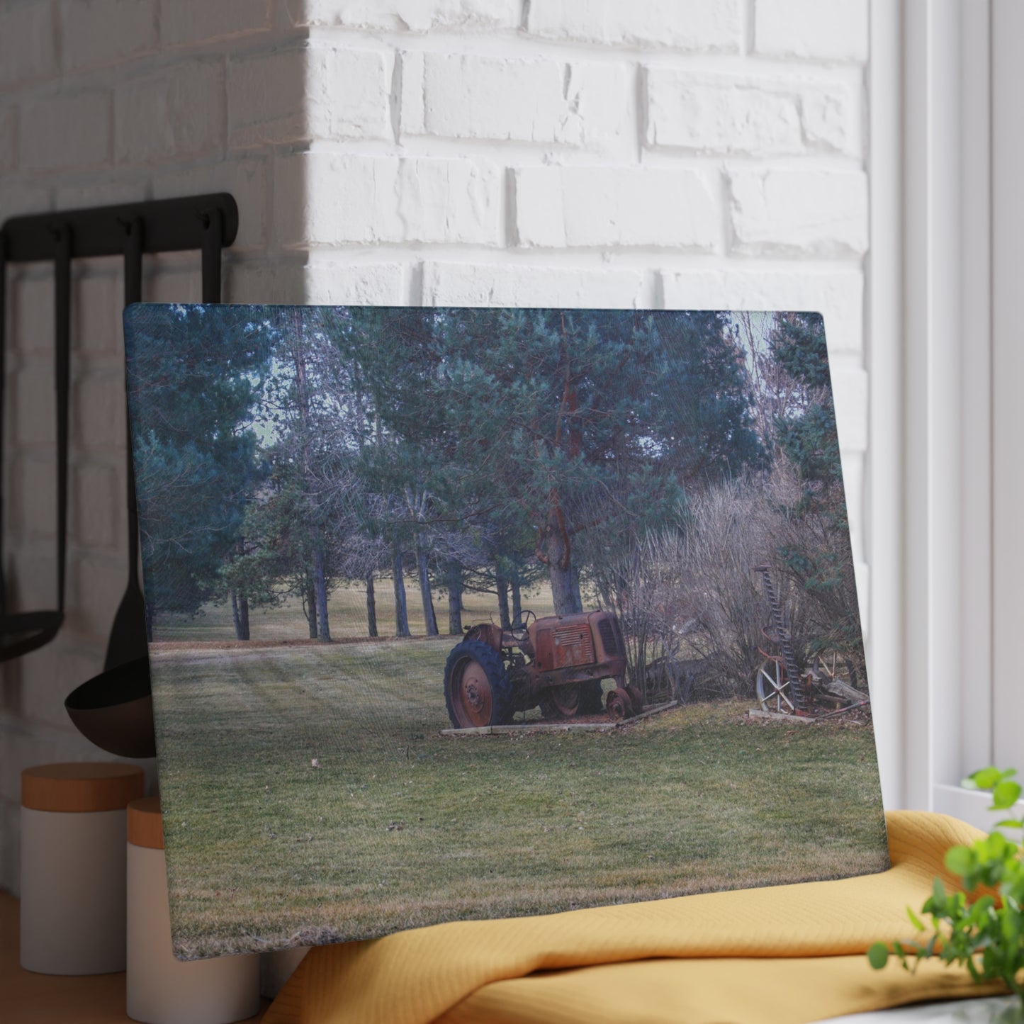 U R There Photography Casey Road Yard Art II Rustic Farmhouse Tempered-Glass Cutting Board