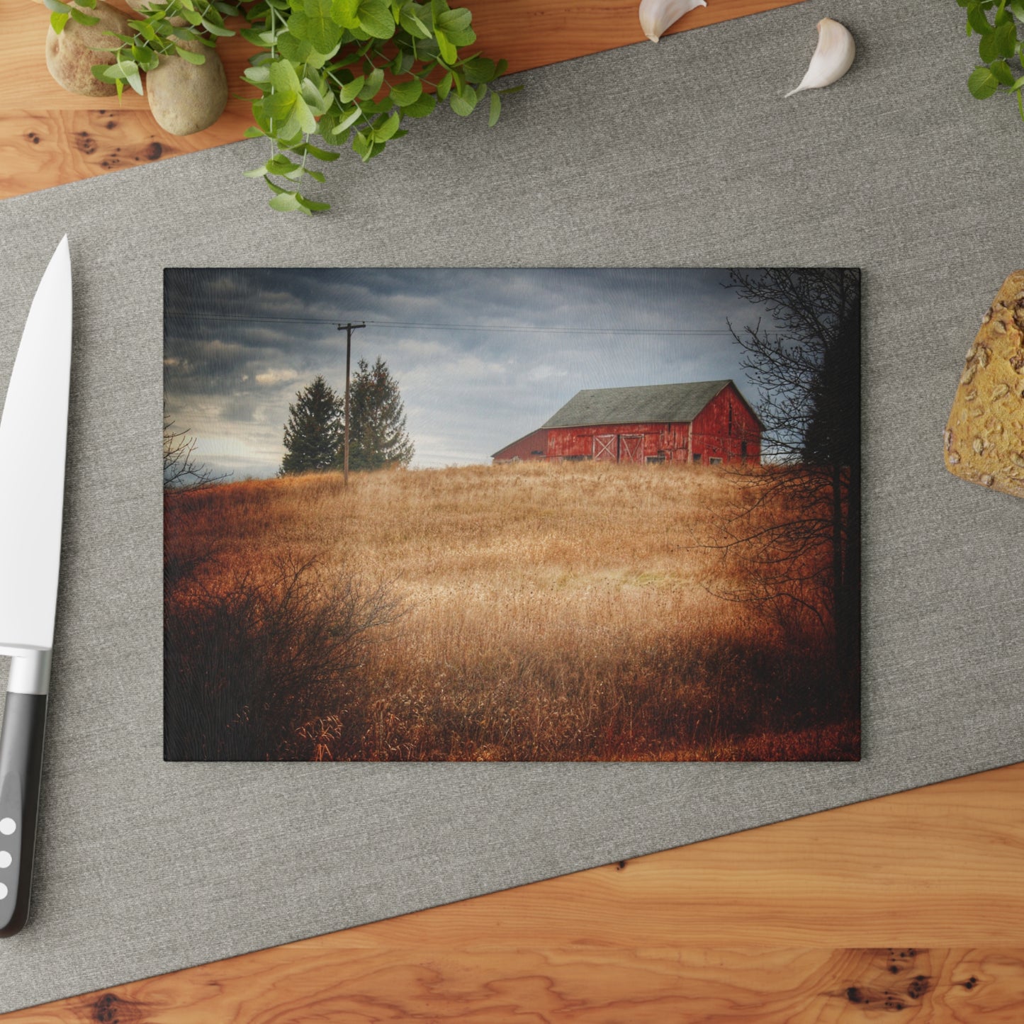 U R There Photography Grey Road Hillside Red II Rustic Farmhouse Tempered-Glass Cutting Board