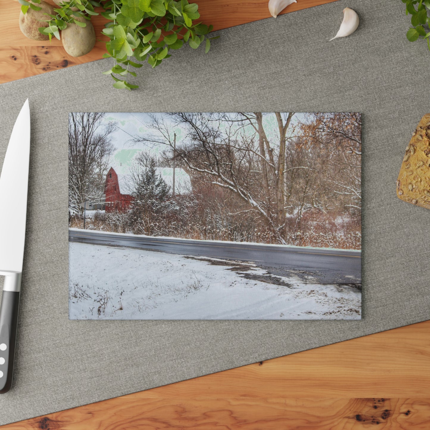 U R There Photography Dodge Road Winter Red Rustic Farmhouse Tempered-Glass Cutting Board