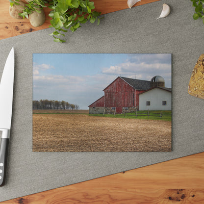 U R There Photography Cedar Creek Road Saltbox Red Rustic Farmhouse Tempered-Glass Cutting Board