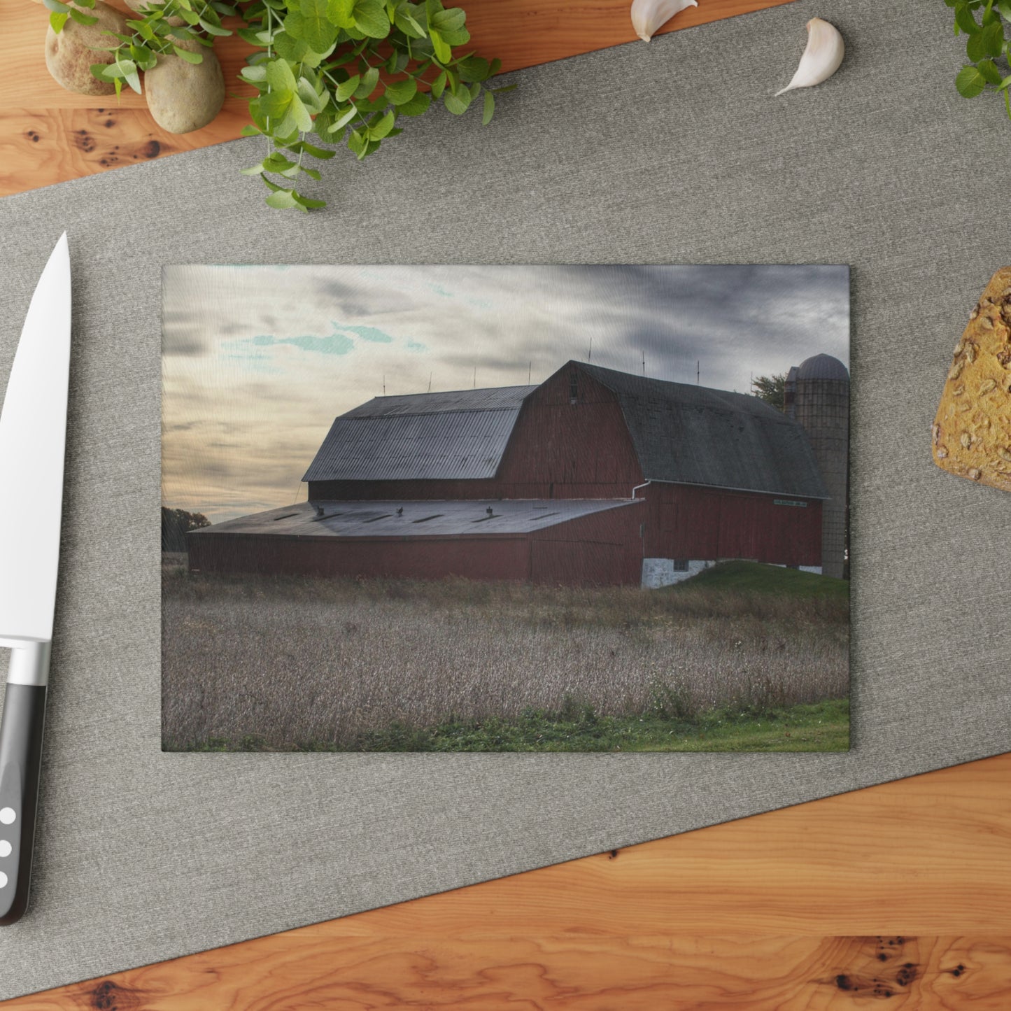 Barn Boutique Rustic Tempered-Glass Cutting Board| Brown City Red I