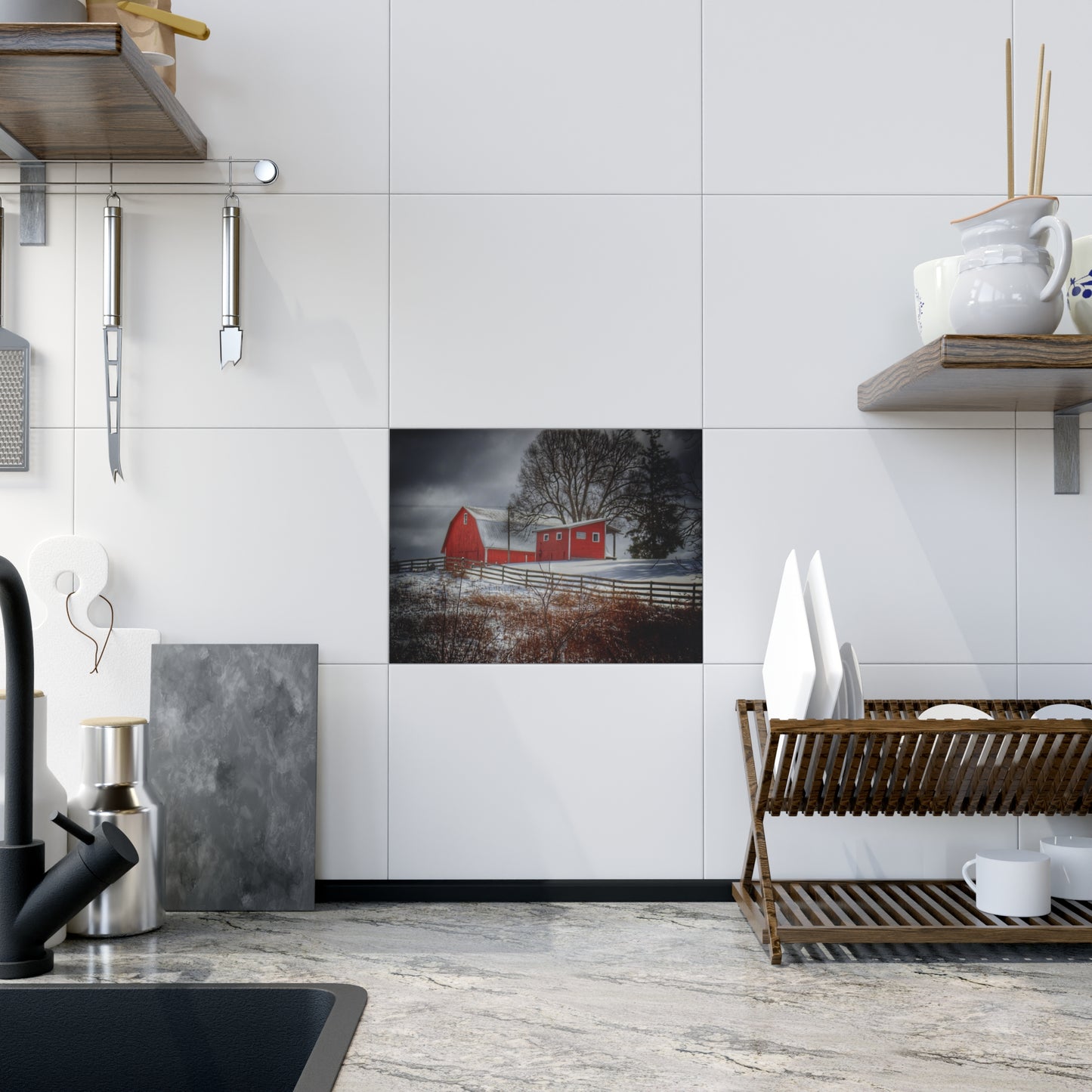 U R There Photography Catlin Red and Fence I Rustic Farmhouse Decorative Ceramic Tile