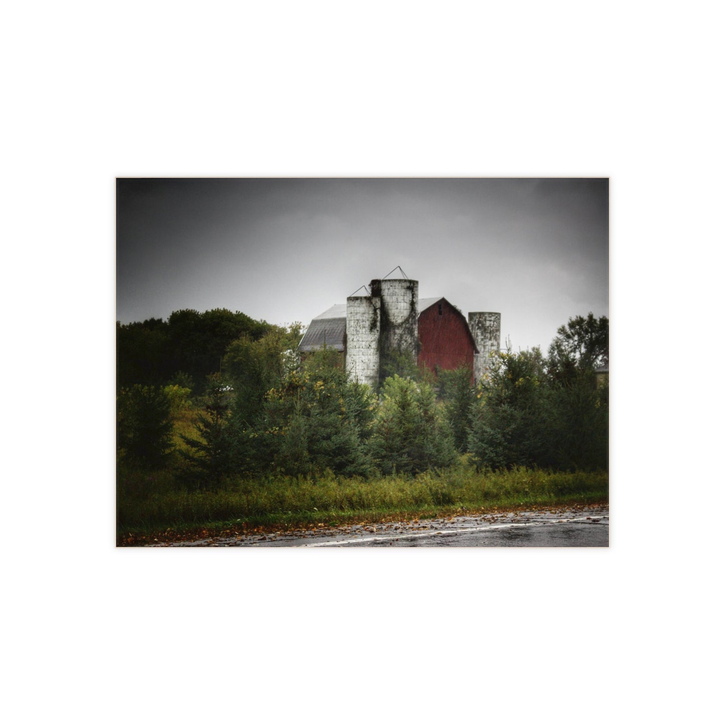 U R There Photography Castle Road Red and Silos in the Rain Rustic Farmhouse Decorative Ceramic Tile