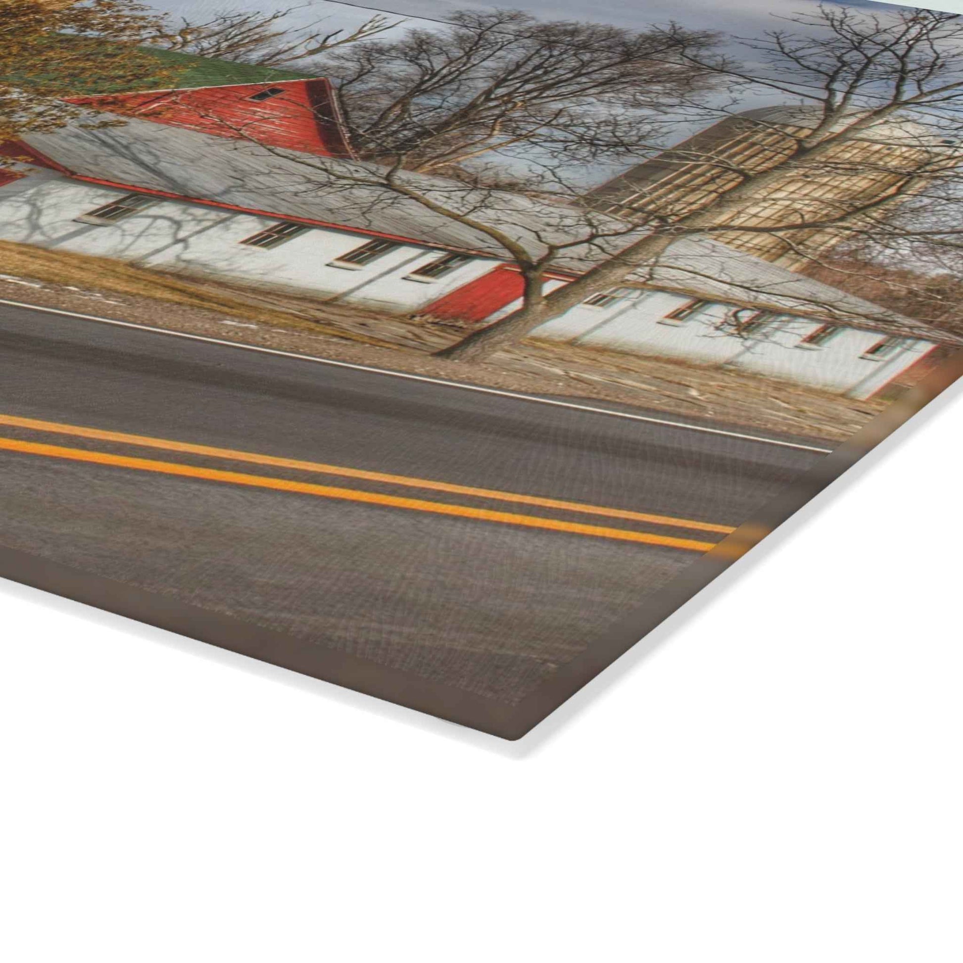 U R There Photography Newark Road Red and Silos III Rustic Farmhouse Tempered-Glass Cutting Board 8"x 11"
