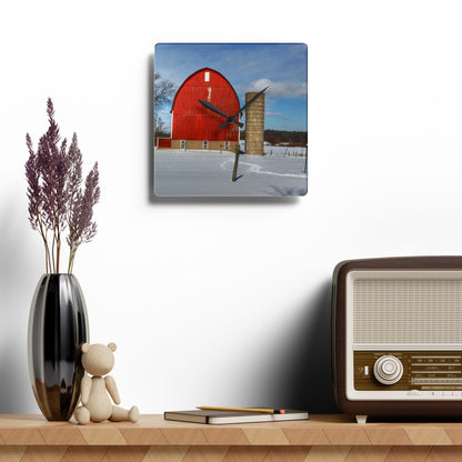U R There Photography Barnes Road Winter Red Rustic Farmhouse Acrylic Analog Wall Clock