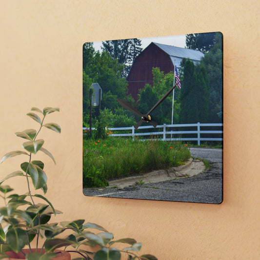U R There Photography Sutton Road Red and Old Glory Rustic Farmhouse Acrylic Analog Wall Clock