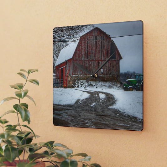 U R There Photography Marathon Road Red in Winter Rustic Farmhouse Acrylic Analog Wall Clock