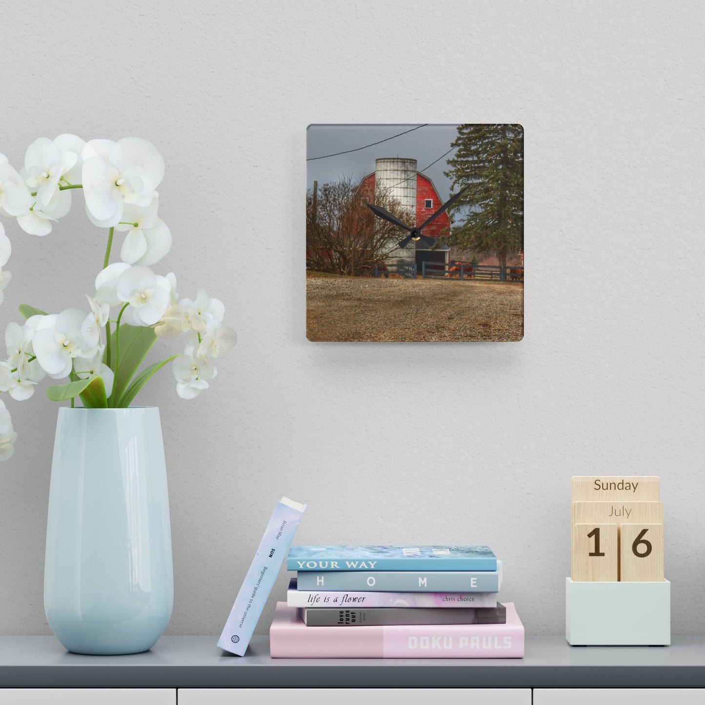 U R There Photography Blood Road Red and Horses Rustic Farmhouse Acrylic Analog Wall Clock