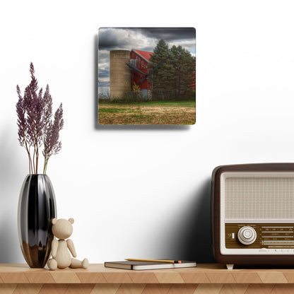 U R There Photography Laur Road Red Among the Pines II Rustic Farmhouse Acrylic Analog Wall Clock