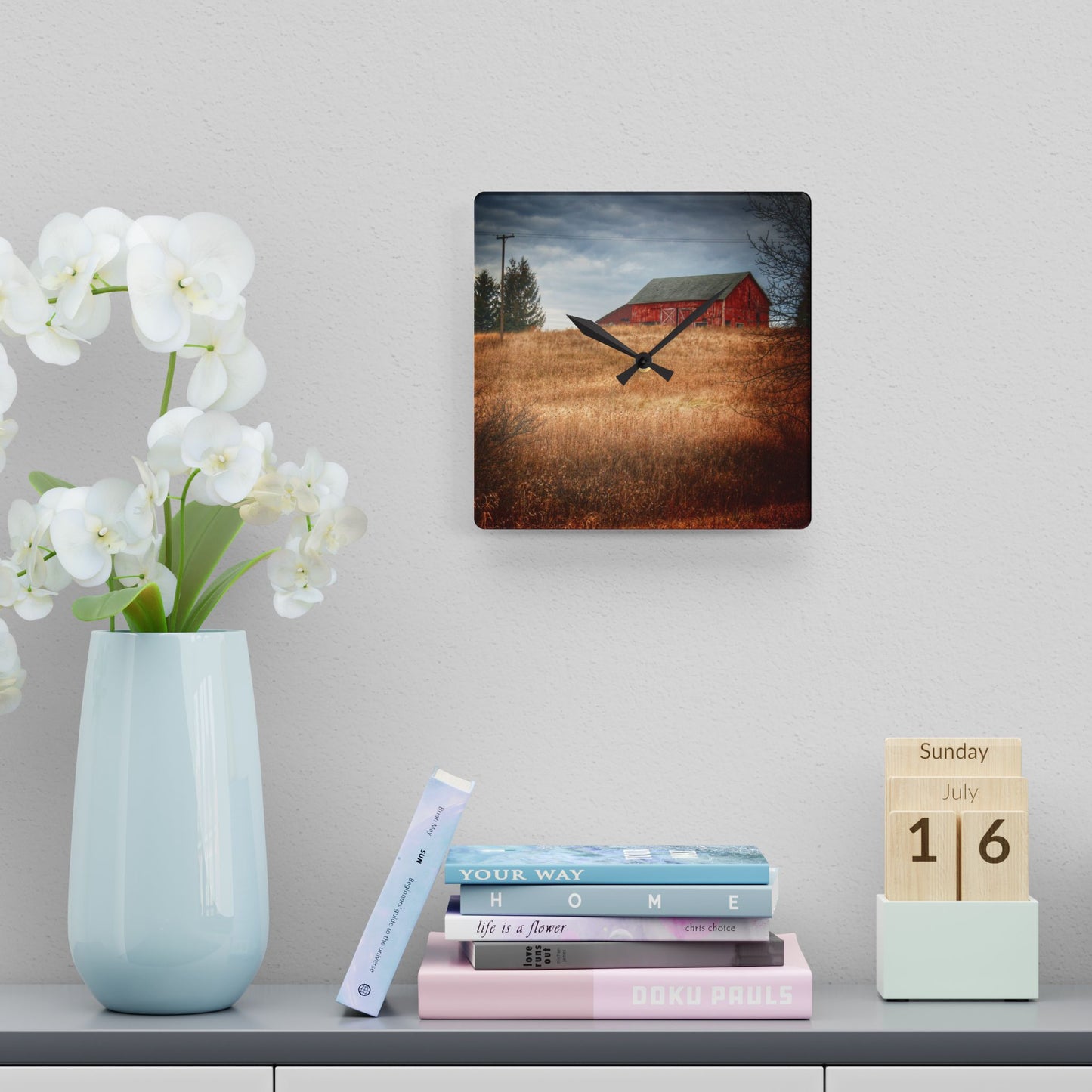 U R There Photography Grey Road Hillside Red II Rustic Farmhouse Acrylic Analog Wall Clock