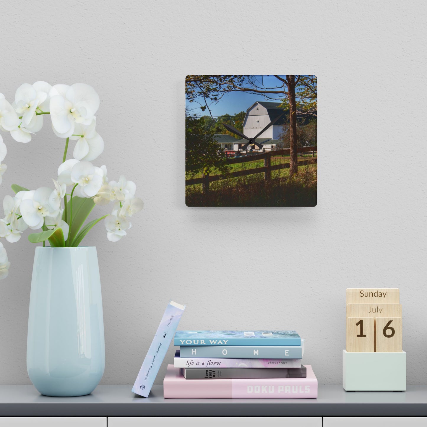 U R There Photography Oakwood Road White I Rustic Farmhouse Acrylic Analog Wall Clock