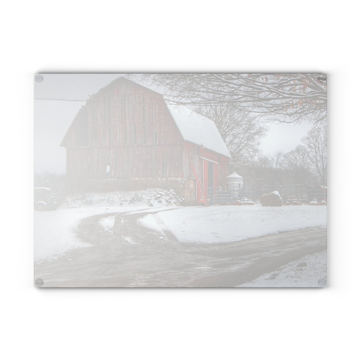 U R There Photography Marathon Road Red in Winter Rustic Farmhouse Tempered-Glass Cutting Board