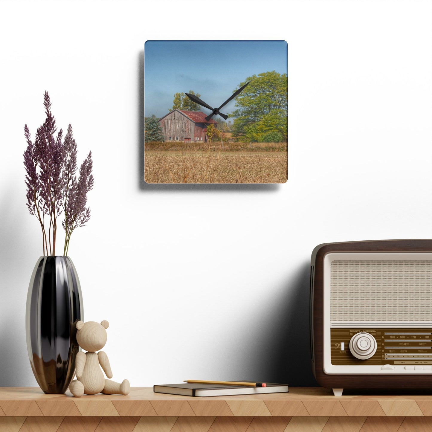 U R There Photography Brown City Wellman Line Road Little Red Rustic Farmhouse Acrylic Analog Wall Clock