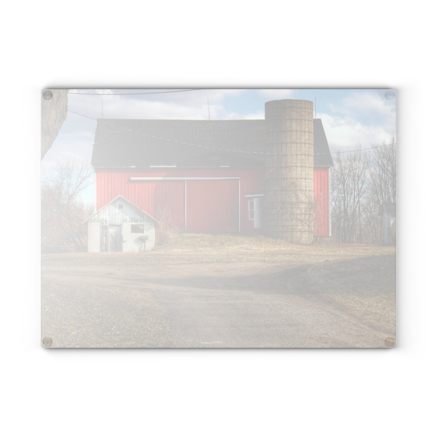 U R There Photography Mayville Road Red and Silo Rustic Farmhouse Tempered-Glass Cutting Board