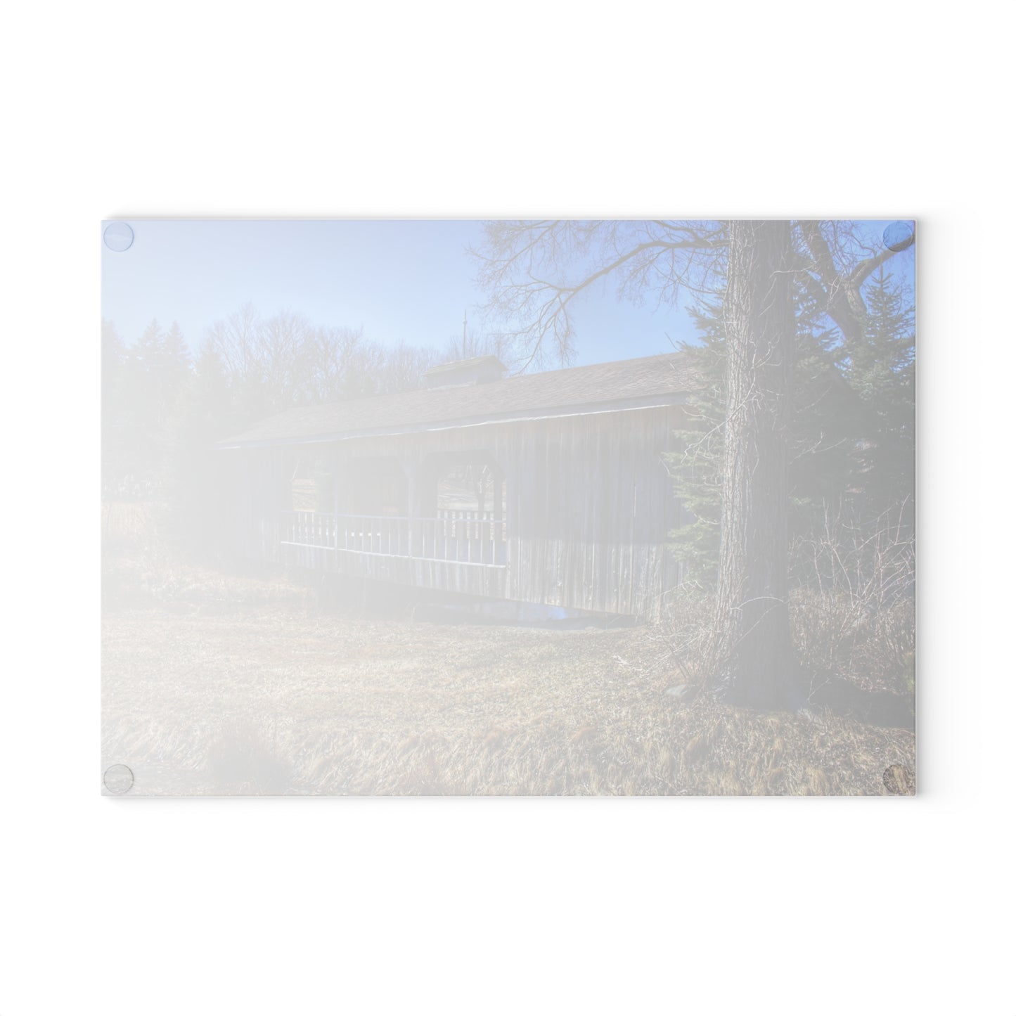 U R There Photography Covered Bridge of Campground Road I Rustic Farmhouse Tempered-Glass Cutting Board