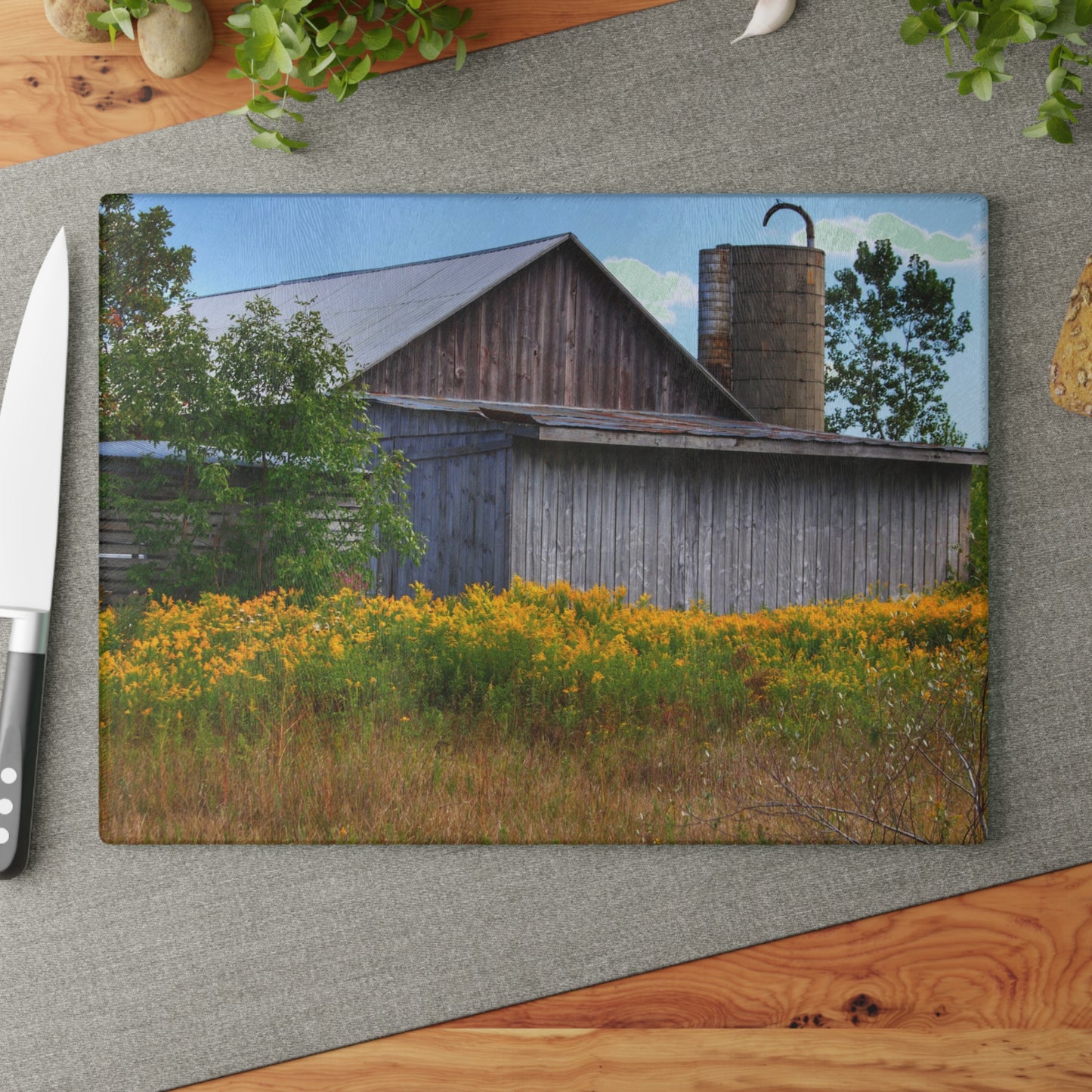 U R There Photography Church Road Grey II Rustic Farmhouse Tempered-Glass Cutting Board