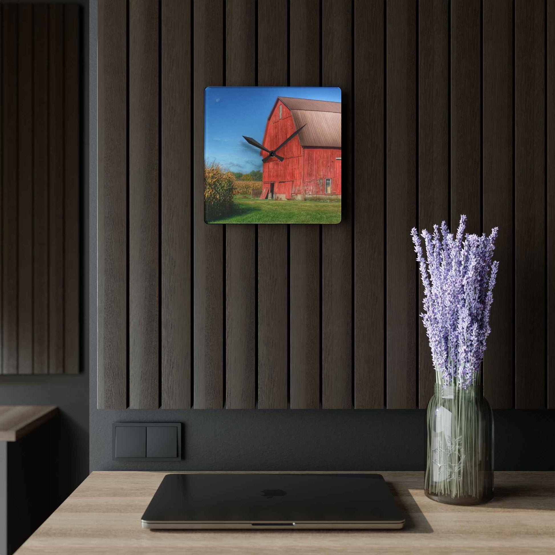 U R There Photography Fargo Road Red I Rustic Farmhouse Acrylic Analog Wall Clock