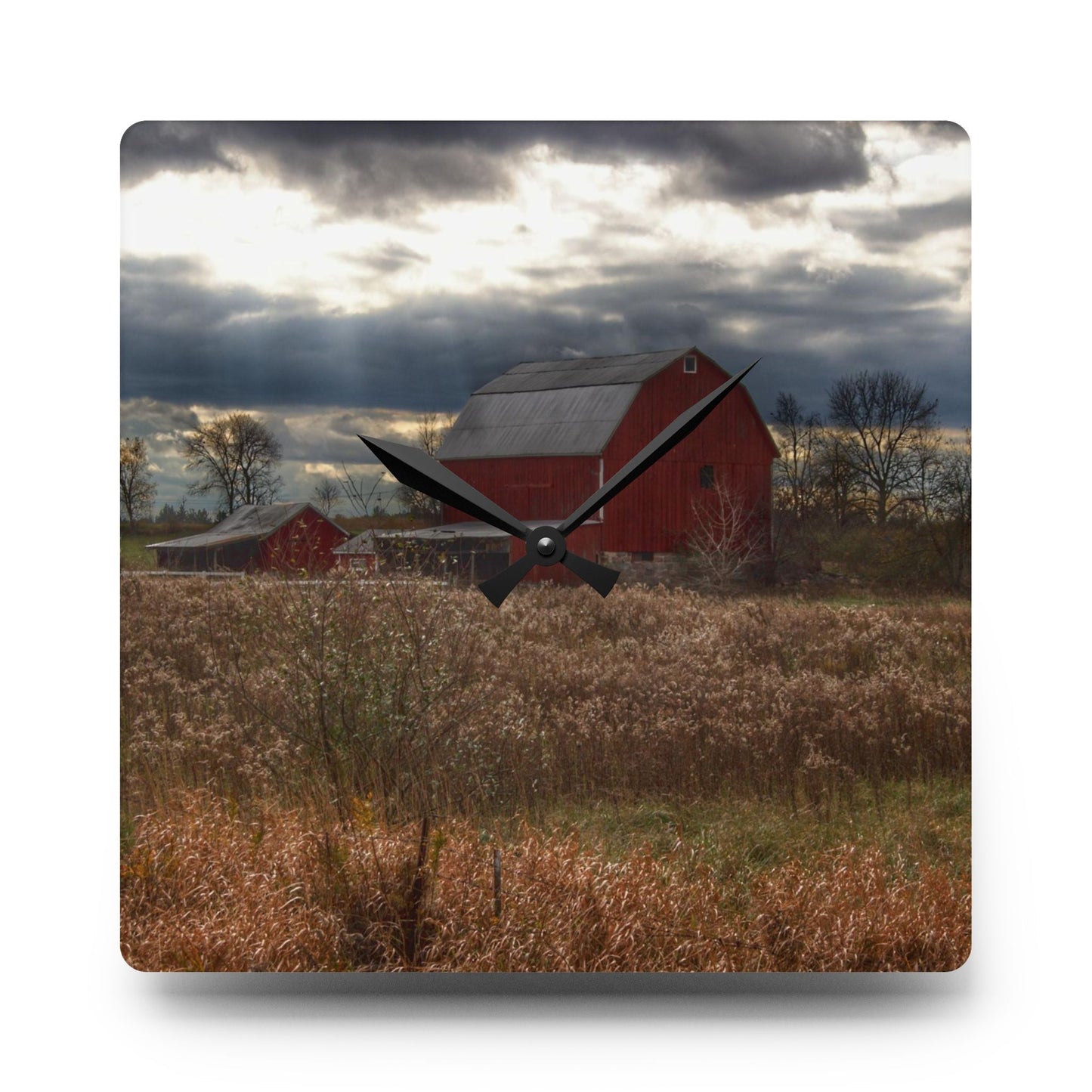 U R There Photography Booth Road Cow Barn II Rustic Farmhouse Acrylic Analog Wall Clock