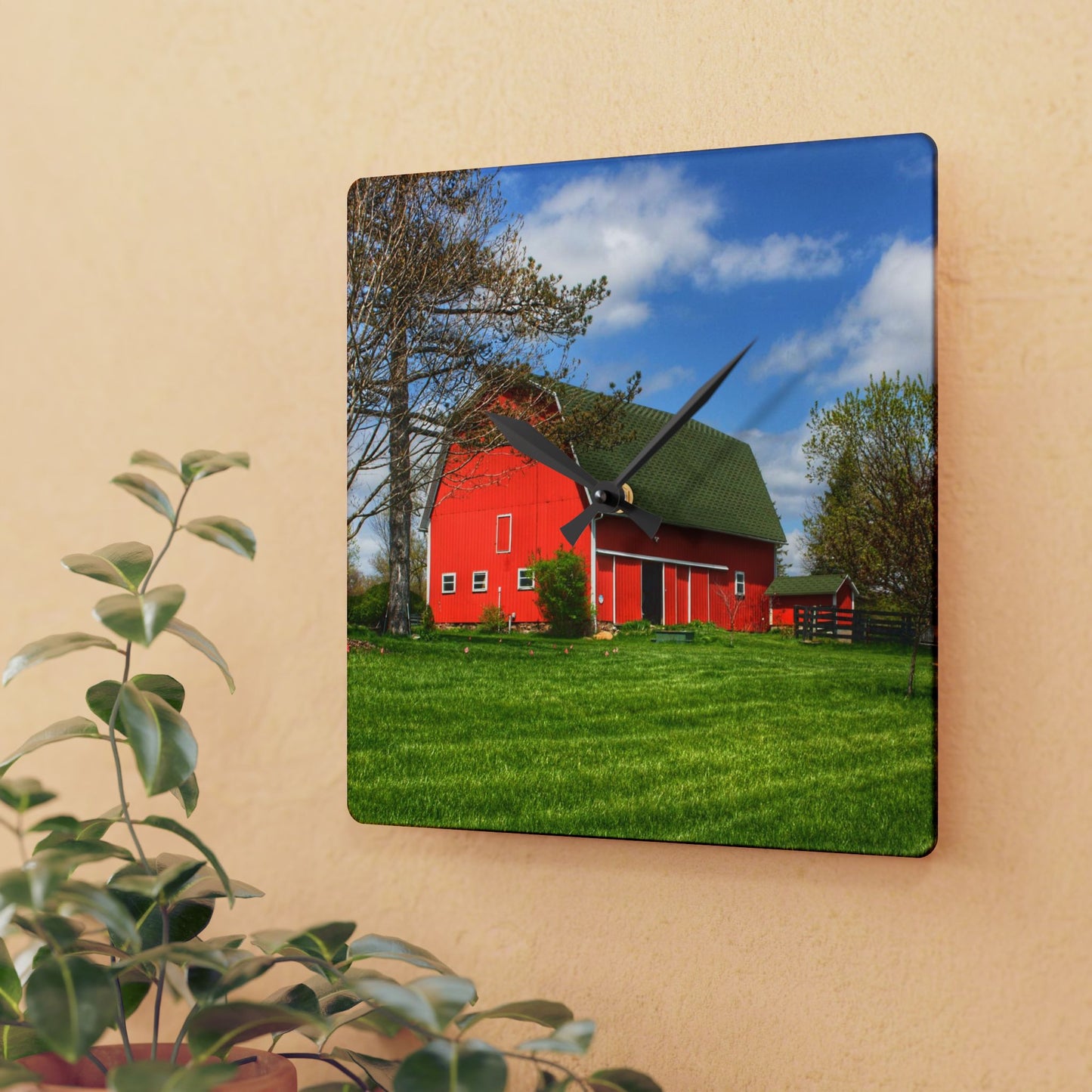 U R There Photography Barber Road Red Rustic Farmhouse Acrylic Analog Wall Clock